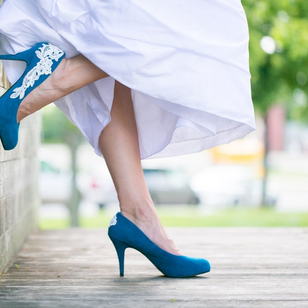 Wedding Shoes - Teal Blue Wedding Shoes, Teal Heels, Bridal Shoes, Blue Heels, Something Blue, Wedding Heels with Ivory Lace. US Size 8.5