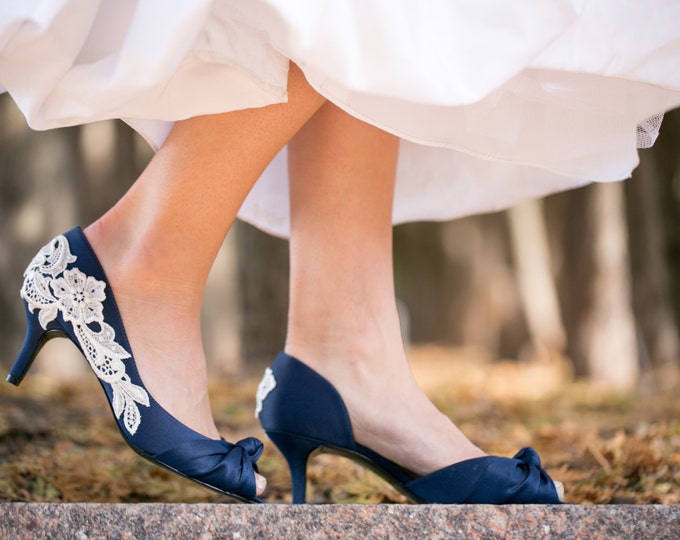 Wedding Shoes Navy Blue Heels Lace Heels Navy Wedding Etsy