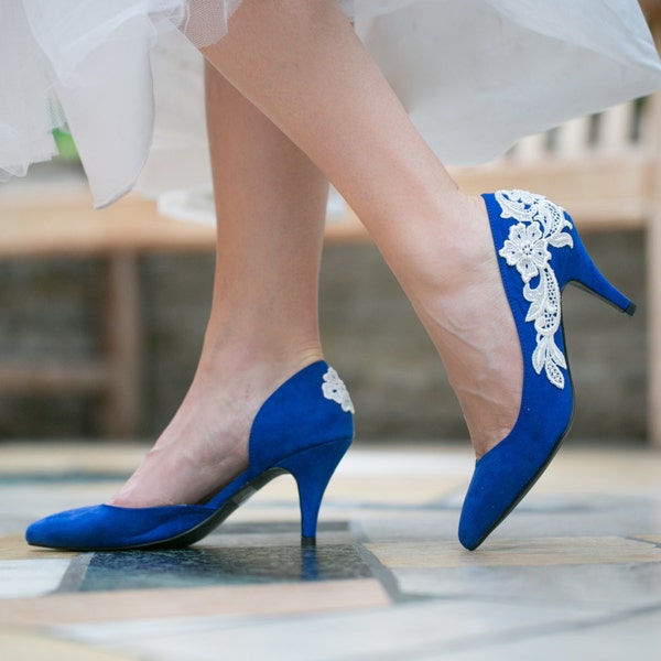 Wedding Heels  - Cobalt Blue Wedding Shoes, Bridal Shoes, Blue Shoes with Ivory Lace. US Size 7