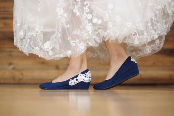 Low Navy Wedgesblue Wedding Shoeslow Heelsnavy Heelblue Etsy