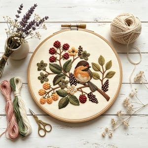 Customized pattern,Bird &Berry Branch Embroidery Kit Cottagecore Nature DIY Craft Gift for Women,Relaxing Wildlife Stitching Hobby Home Wall