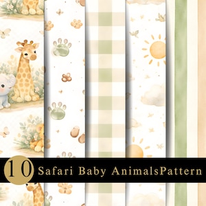May include: A digital paper set featuring 10 Safari Baby Animals Patterns with watercolour illustrations of giraffes, elephants, and lions, alongside paw prints, suns, clouds, and green and beige gingham and striped designs on a white background.