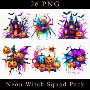 Könnte beinhalten: Eine digitale Sammlung von 26 PNG-Dateien mit dem Titel Neon Witch Squad Pack, die lebendige Halloween-Illustrationen von Spukhäusern, Spinnen, Kürbissen und Spinnennetzen in leuchtenden Neonfarben mit Farbspritzern zeigt.