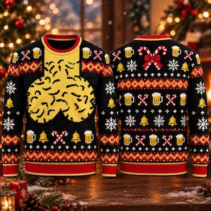 May include: A black long-sleeve knit jumper featuring a yellow graphic on the front, with a red collar, cuffs, and hem. The pattern includes repeating motifs of beer mugs, candy canes, bells, snowflakes, and red and yellow geometric bands.