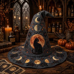May include: A dark gray quilted witch hat featuring a central graphic of a black cat sitting in front of a large orange moon. The hat is decorated with gold moon phase illustrations, black floral patterns, and orange vine embroidery.