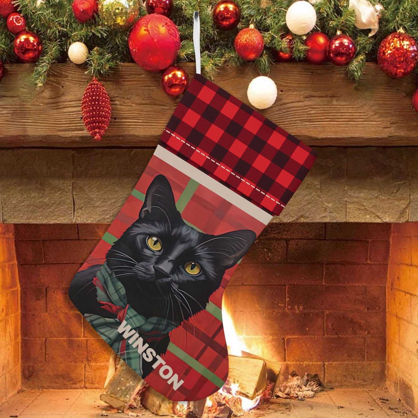Personalized Cute Black Short Hair Cat Christmas Stocking, Cat 2-sided ...