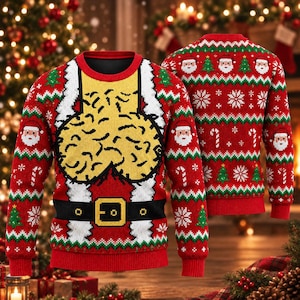 May include: A red long-sleeve knit jumper featuring a graphic of Santa Claus's torso with a black belt and gold buckle. The centre displays a large, textured yellow brain-like shape. The sleeves and back are patterned with Santa faces, green Christmas trees, white snowflakes, and candy canes.