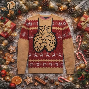 May include: A tan and red long-sleeve knit jumper featuring a central graphic of a pair of testicles outlined in black. The jumper includes a traditional holiday pattern with white snowflakes and small white reindeer across the chest and sleeves.