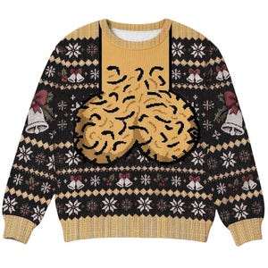 May include: A long-sleeve knit jumper featuring a black base with a repeating pattern of white snowflakes and white bells with red bows. The centre of the chest displays a large, tan, graphic illustration of a pair of testicles.