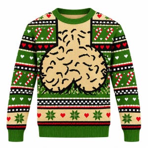 May include: A long-sleeved knitted jumper featuring a green and beige colour scheme with a repeating pattern of red and white candy canes, small white hearts, and green snowflakes. The centre displays a large, beige, rounded graphic design.