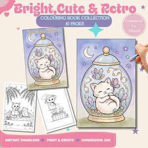 Op de afbeelding: Een kleurboekcollectie getiteld Bright, Cute & Retro met 10 pagina's. De omslag toont een kitten in een glazen pot met kristallen en een vlinder. Twee zwart-witpagina's tonen een kitten met een uil en een kitten dat in de tuin werkt.