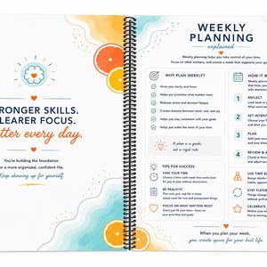 May include: A spiral-bound planner open to two pages. The left page features the text "STRONGER SKILLS. CLEARER FOCUS. Better every day." and watercolor citrus illustrations. The right page provides a "WEEKLY PLANNING explained" guide with steps.