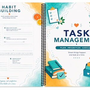 May include: A spiral-bound planner open to two pages. The left page is titled Habit Building with sections for tracking habits. The right page is titled Task Management with illustrations of a clock, coffee, books, and a desk organizer.