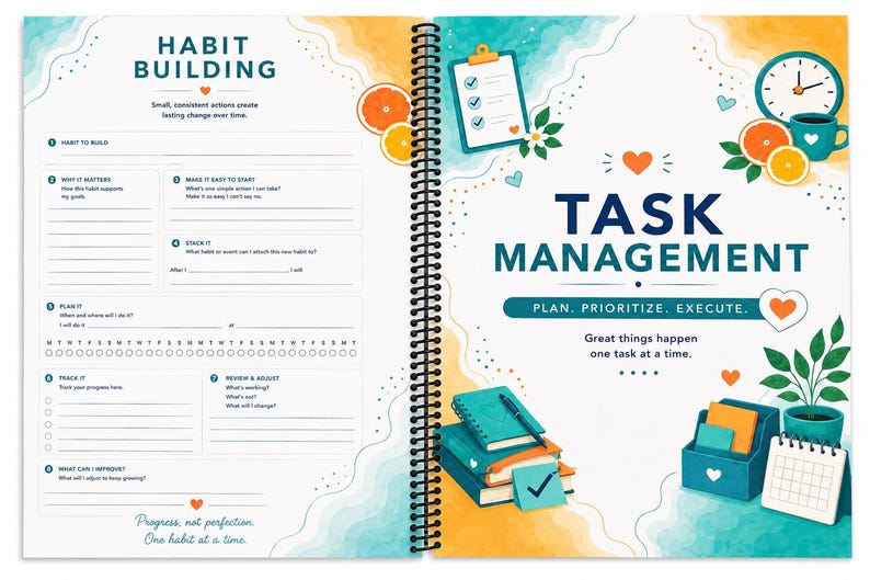May include: A spiral-bound planner open to two pages. The left page is titled Habit Building with sections for tracking habits. The right page is titled Task Management with illustrations of a clock, coffee, books, and a desk organizer.