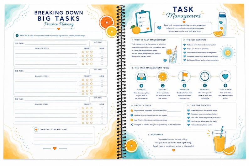 May include: A spiral-bound planner spread featuring a Breaking Down Big Tasks worksheet on the left and a Task Management guide on the right. The pages are decorated with orange slices, blue water-themed borders, and instructional text.