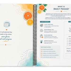 May include: A spiral-bound planner open to a page titled What is Daily Focus. The page features orange slice illustrations, teal and yellow watercolor accents, and text explaining daily planning strategies, goals, and actionable steps.