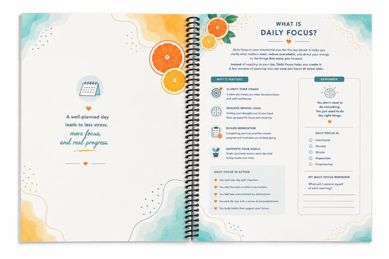 May include: A spiral-bound planner open to a page titled What is Daily Focus. The page features orange slice illustrations, teal and yellow watercolor accents, and text explaining daily planning strategies, goals, and actionable steps.