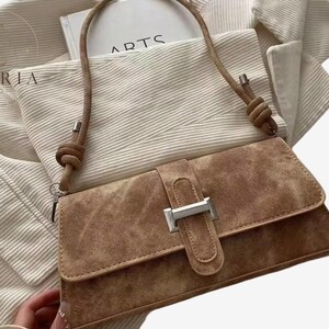 Beige Suede Look Shoulder Bag with Rope Strap and Buckle Detail