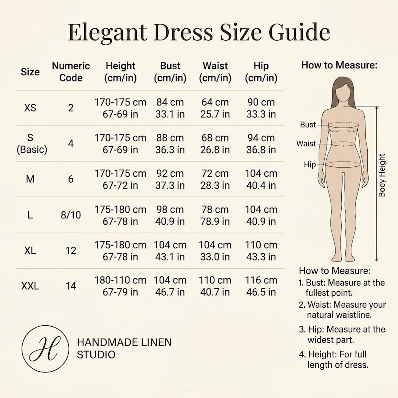 May include: An Elegant Dress Size Guide chart featuring a table with columns for size, numeric code, height, bust, waist, and hip measurements in cm and inches. Includes a diagram of a human figure with labels and instructions for measuring.
