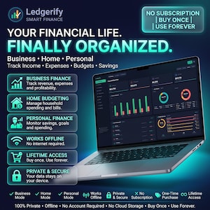 Könnte beinhalten: Ein Laptop mit einem Finanz-Dashboard inklusive Diagrammen und Grafiken. Der Text umfasst Ledgerify Smart Finance, Your Financial Life Finally Organized, Business, Home, Personal, Track Income, Expenses, Budgets, Savings und No Subscription Buy Once Use Forever.