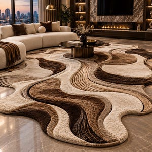 Luxury Abstract Area Rug, Brown Cream Sculptural Wave Carpet, Organic Irregular Living Room Rug