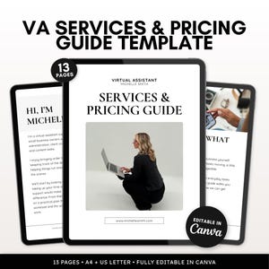 May include: A 13-page virtual assistant services and pricing guide template. The document features black text on white pages, including a cover with a photo of a person using a laptop, and is fully editable in Canva for A4 and US letter sizes.