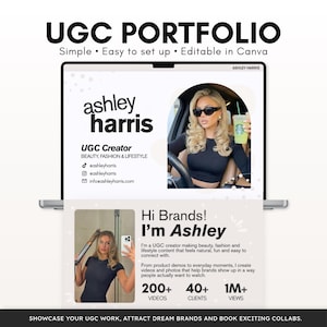 May include: A digital UGC portfolio template displayed on a laptop screen, featuring the text UGC PORTFOLIO, Simple, Easy to set up, Editable in Canva. It includes sections for Ashley Harris, UGC Creator, social handles, and a bio with statistics.