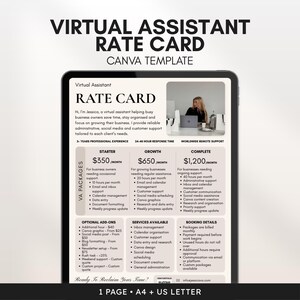 May include: A digital rate card template for a virtual assistant displayed on a tablet screen. The document features a professional profile, three service packages labelled Starter, Growth, and Complete, optional add-ons, and booking details.