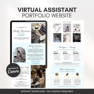 May include: A digital template for a virtual assistant portfolio website featuring sections for services, packages, pricing, and client testimonials. The layout includes text, images, and a black circular badge that reads Editable in Canva.
