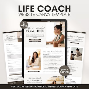 Op de afbeelding: Een digitaal Canva-websitetemplate voor life coaches met drie pagina's, witte achtergronden, zwarte tekst en fotografische elementen. De lay-out bevat secties voor contactformulieren, coachingprogramma's en persoonlijke introducties.