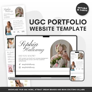 May include: A digital UGC portfolio website template displayed on a laptop and smartphone screen. The design features the name Sophia Halloway, social media handles, and sections for brand collaborations. A black circular badge reads Editable in Canva.