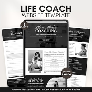 Peut inclure: Un modèle de site web pour coach de vie comprenant trois pages avec des mises en page en noir et blanc, une typographie à empattement et des espaces réservés pour les images et le texte. Le design inclut des sections pour les programmes, formulaires et profils, modifiable dans Canva.
