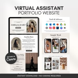 Pode incluir: Um modelo digital para um site de portfólio de assistente virtual com o texto VIRTUAL ASSISTANT PORTFOLIO WEBSITE, Amelia Hart, Tools & Software e Sample Work. O layout inclui seções para serviços, informações de contato e ícones de vários aplicativos de software, tudo editável no Canva.