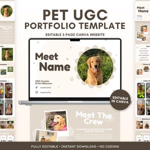 Puede incluir: Una plantilla digital de portafolio UGC para mascotas mostrada en una pantalla de portátil, con una foto de un golden retriever, el texto Meet Name, UGC Creator & Pet Influencer, e iconos de redes sociales. Incluye espacios para fotos.