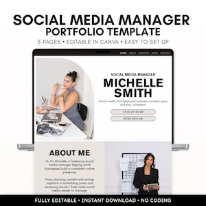 May include: A digital social media manager portfolio template displayed on a laptop screen. The layout features the text SOCIAL MEDIA MANAGER PORTFOLIO TEMPLATE, 5 PAGES, EDITABLE IN CANVA, EASY TO SET UP, FULLY EDITABLE, INSTANT DOWNLOAD, NO CODING.