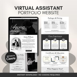 May include: A digital template for a virtual assistant portfolio website featuring a black and white layout with sections for packages, pricing, client testimonials, and certificates. The design includes text, placeholders for images, and a badge stating Editable in Canva.