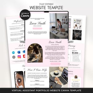 May include: A digital website template for a virtual assistant portfolio, featuring a light pink and white colour scheme with black text. The layout includes sections for professional experience, service descriptions, pricing, and testimonials, all editable in Canva.