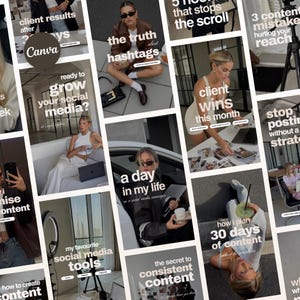 May include: A collage of social media marketing graphics featuring various lifestyle images of a person working, with white text overlays including phrases like client results, the truth about hashtags, and how I plan 30 days of content.