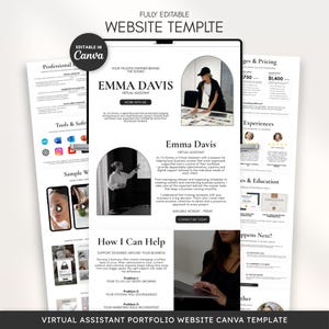 May include: A digital website template for a virtual assistant portfolio, fully editable in Canva. The layout features black text on a white background, including sections for professional services, pricing, tools, and contact information.