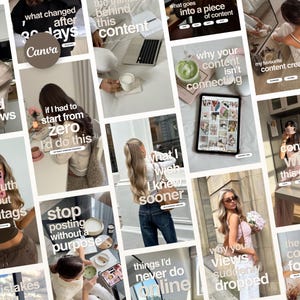 Op de afbeelding: Een collage van social media content templates met lifestyle beelden, laptops, tablets en tekstoverlays met zinnen zoals what changed after 30 days, if I had to start from zero en why your content isn't connecting.