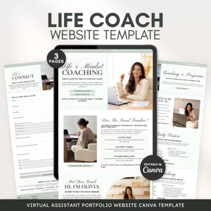 Peut inclure: Un modèle de site web pour coach de vie affiché sur une tablette, présentant trois pages avec du texte, des photos et des formulaires de contact. Le design inclut les titres Life & Mindset Coaching, Let's Connect et Coaching & Programs, avec un badge modifiable dans Canva et une étiquette 3 pages.