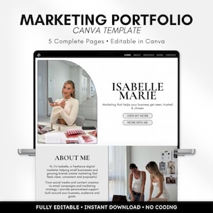 Könnte beinhalten: Eine Marketing-Portfolio-Canva-Vorlage auf einem Laptop-Bildschirm. Das Design enthält den Text MARKETING PORTFOLIO CANVA TEMPLATE, 5 Complete Pages und Editable in Canva. Das Layout umfasst Abschnitte für Isabelle Marie, About Me und Schaltflächen.