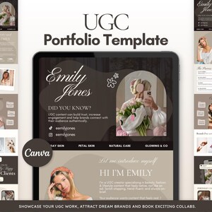 May include: A digital UGC portfolio template displayed on a tablet screen, featuring the text UGC Portfolio Template, Emily Jones, Did You Know, and Hi I'm Emily. The design includes a neutral color palette, floral graphics, and social media icons.
