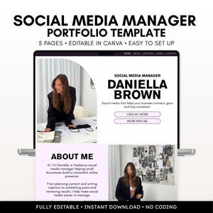 May include: A digital portfolio template for a social media manager displayed on a laptop screen. The layout features the text SOCIAL MEDIA MANAGER PORTFOLIO TEMPLATE, DANIELLA BROWN, ABOUT ME, and buttons labeled VIEW MY WORK and WORK WITH ME.
