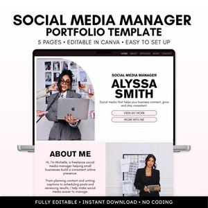 May include: A digital portfolio template for a social media manager displayed on a laptop screen. The layout features the text SOCIAL MEDIA MANAGER ALYSSA SMITH, sections for ABOUT ME, and buttons labeled VIEW MY WORK and WORK WITH ME.