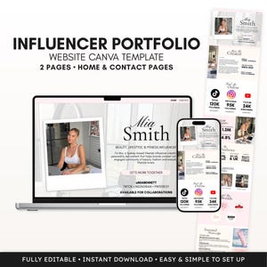 Może przedstawiać: Szablon strony internetowej Canva dla portfolio influencera z dwiema stronami, główną i kontaktową, wyświetlany na ekranie laptopa i smartfona. Projekt zawiera sekcje tekstowe dotyczące profilu twórcy, statystyk mediów społecznościowych i współpracy.