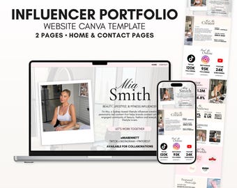 May include: A digital influencer portfolio website Canva template featuring two pages, home and contact, displayed on a laptop and smartphone screen. The design includes text sections for a creator profile, social media statistics, and collaboration details.