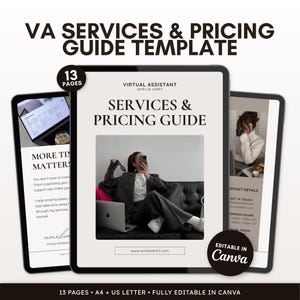 May include: A 13-page VA Services & Pricing Guide template for Canva. The document features a cover page with the text 'Virtual Assistant Amelia Hart Services & Pricing Guide' and an image of a person in a blazer, plus two interior page layouts.