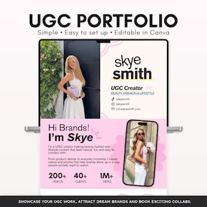 Może przedstawiać: Cyfrowy szablon portfolio UGC wyświetlany na ekranie laptopa, zawierający tekst UGC PORTFOLIO, Simple • Easy to set up • Editable in Canva oraz profil Skye Smith, UGC Creator, wraz z mediami społecznościowymi i danymi kontaktowymi.