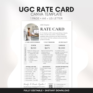 May include: A white Canva template for a UGC rate card featuring black text, a photo of a creator, and sections for packages, add-ons, and booking information. The document includes headings like UGC RATE CARD, STARTER, GROWTH, and CAMPAIGN.